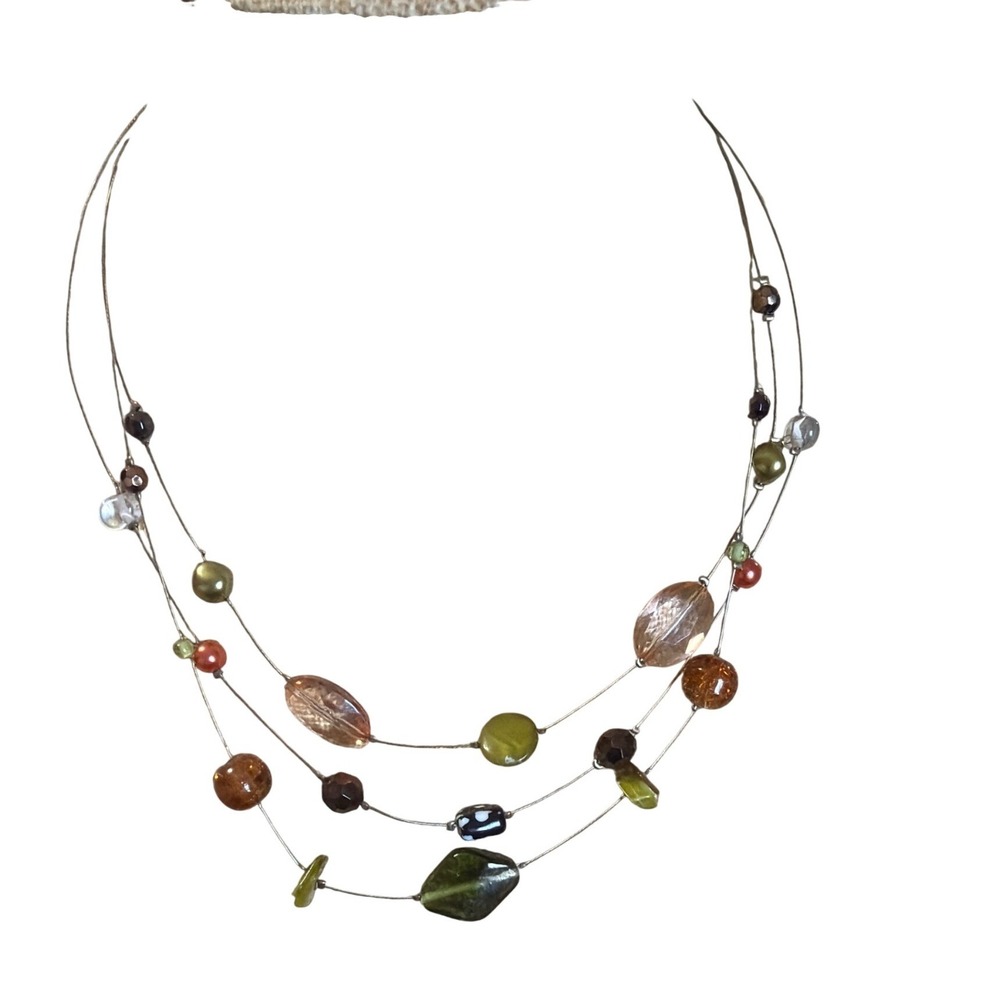 Multi Strand Floating Bead Illusion Necklace Earthy Green Amber  Tones Boho